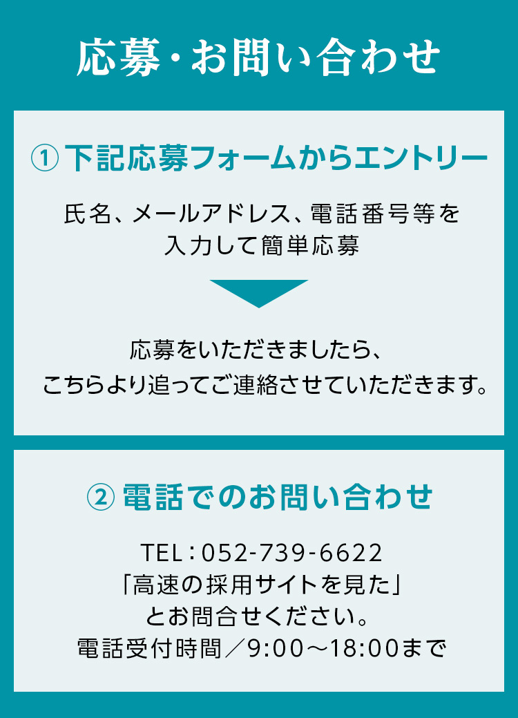 応募方法：電話問い合わせ・応募フォームエントリー